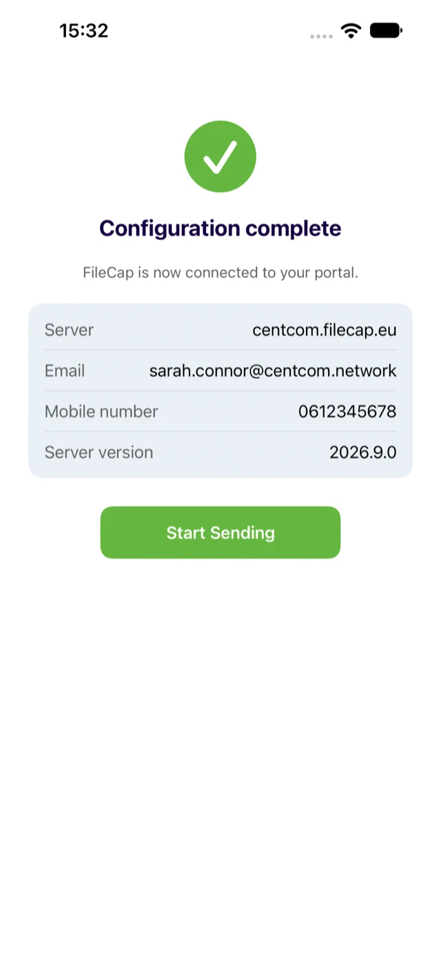 The configuration complete screen after opening a configuration link