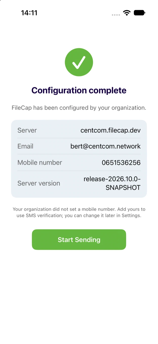 Configuration complete after an MDM push, with the optional mobile number field