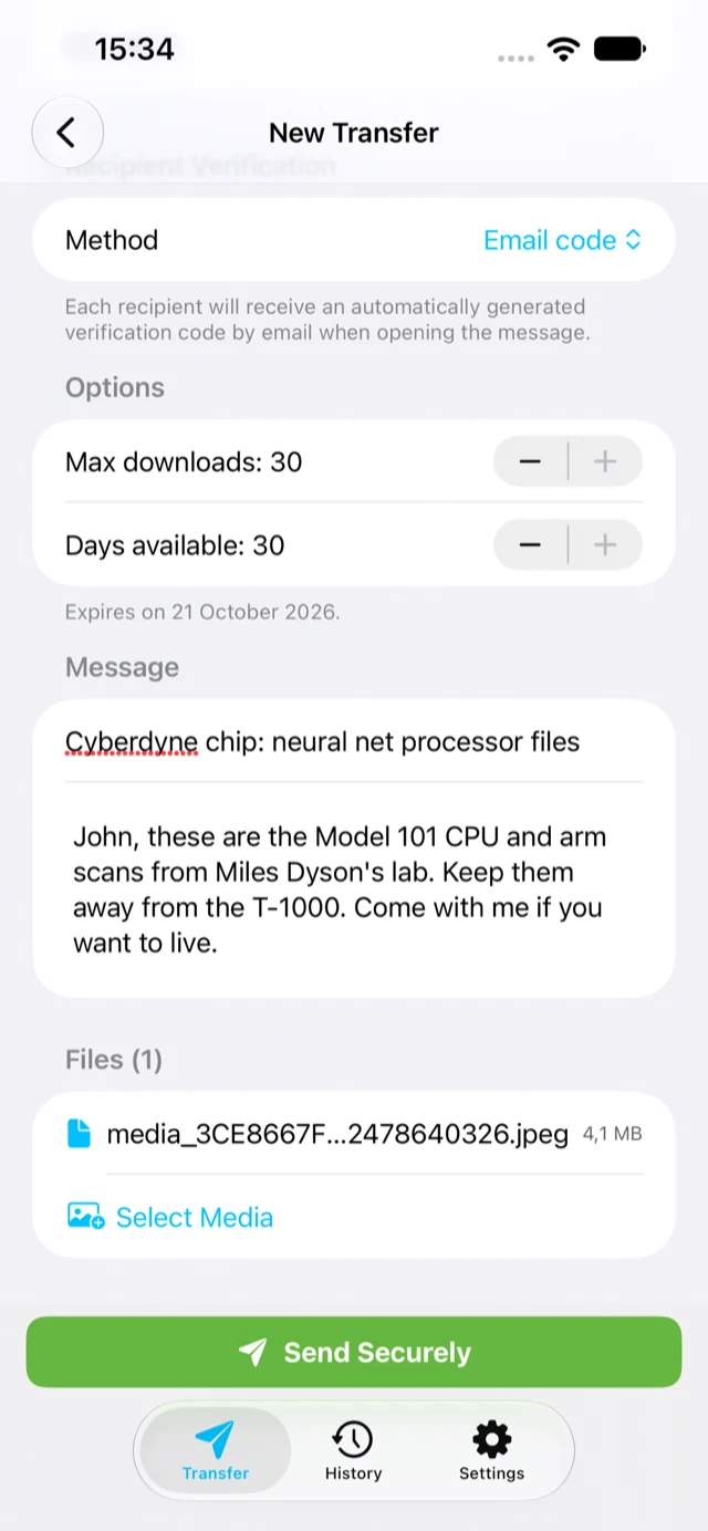 The transfer form with an added file