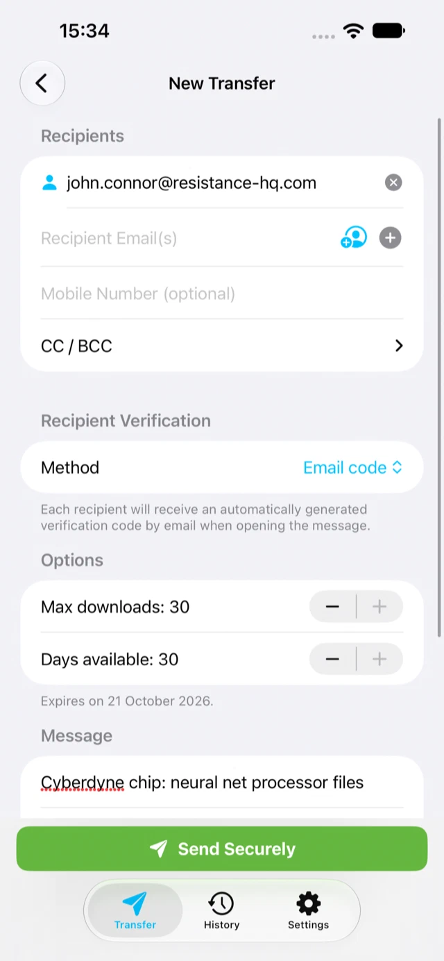 A new transfer with recipient, verification method and options