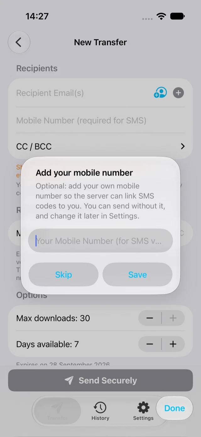 The optional prompt for your own mobile number