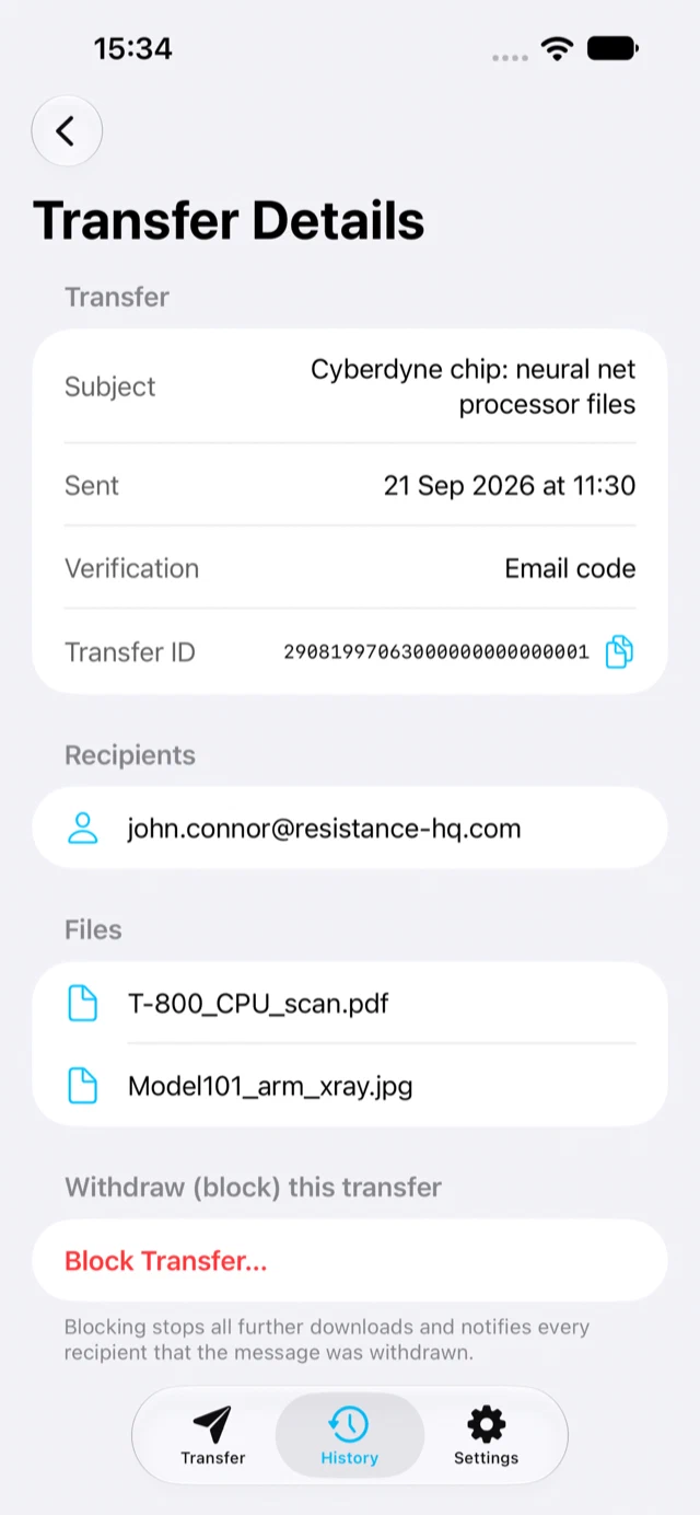 Transfer details with the Block Transfer button