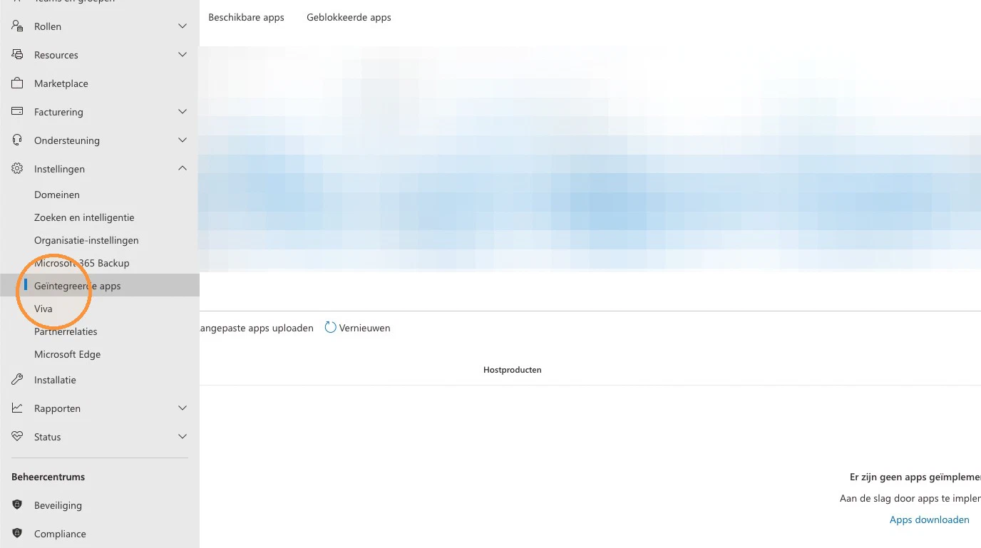 The Microsoft 365 admin centre menu, with Integrated apps highlighted under Settings