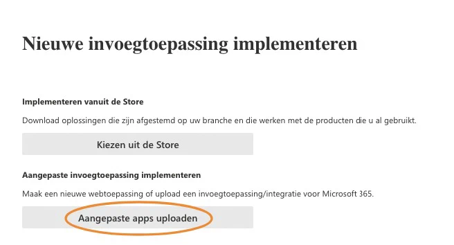 The Deploy new add-in page, with the Upload custom apps button highlighted