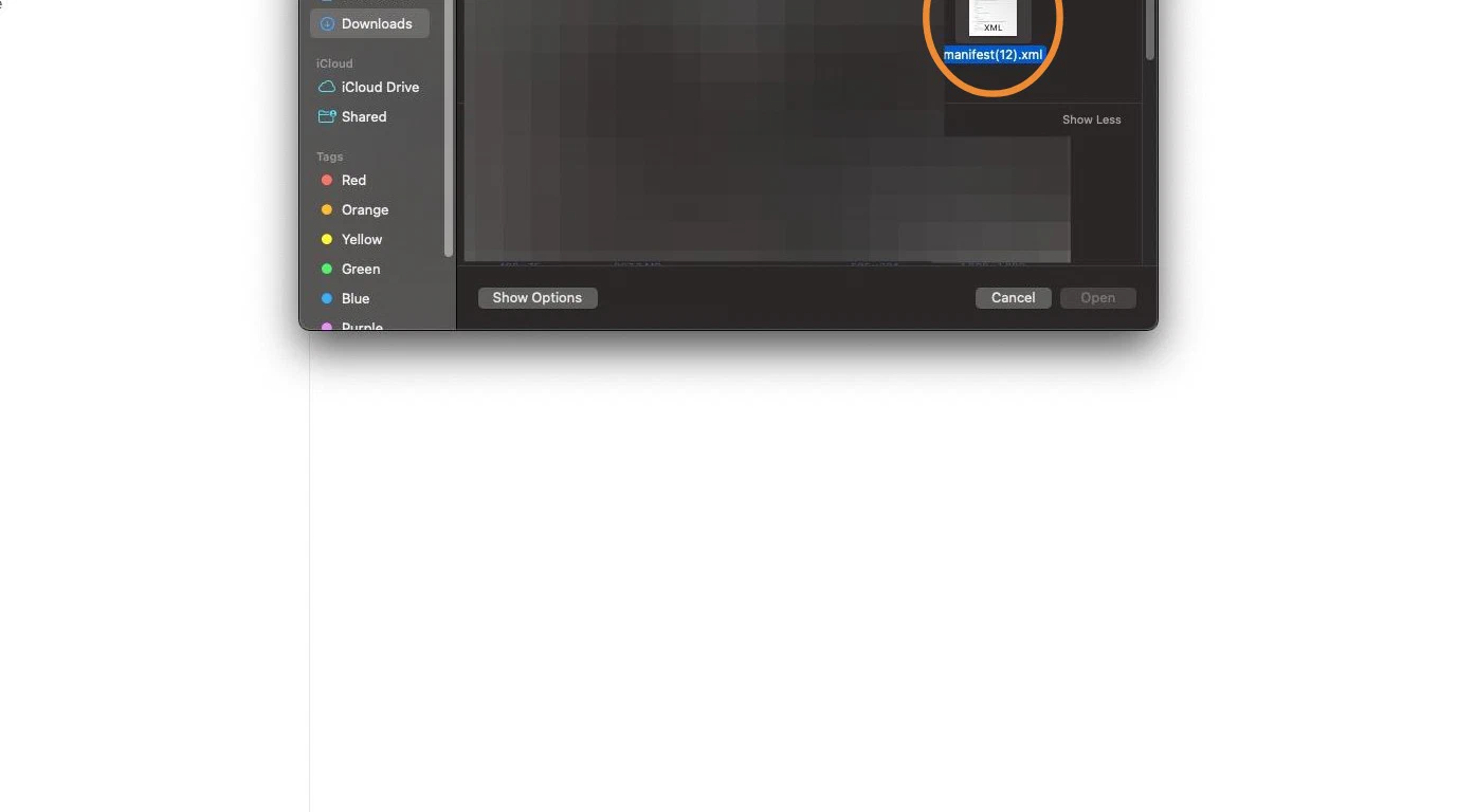 A file picker in the Downloads folder, with the manifest XML file selected