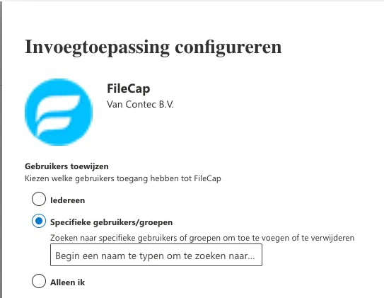 The Configure add-in page for FileCap, with Specific users or groups selected under Assign users