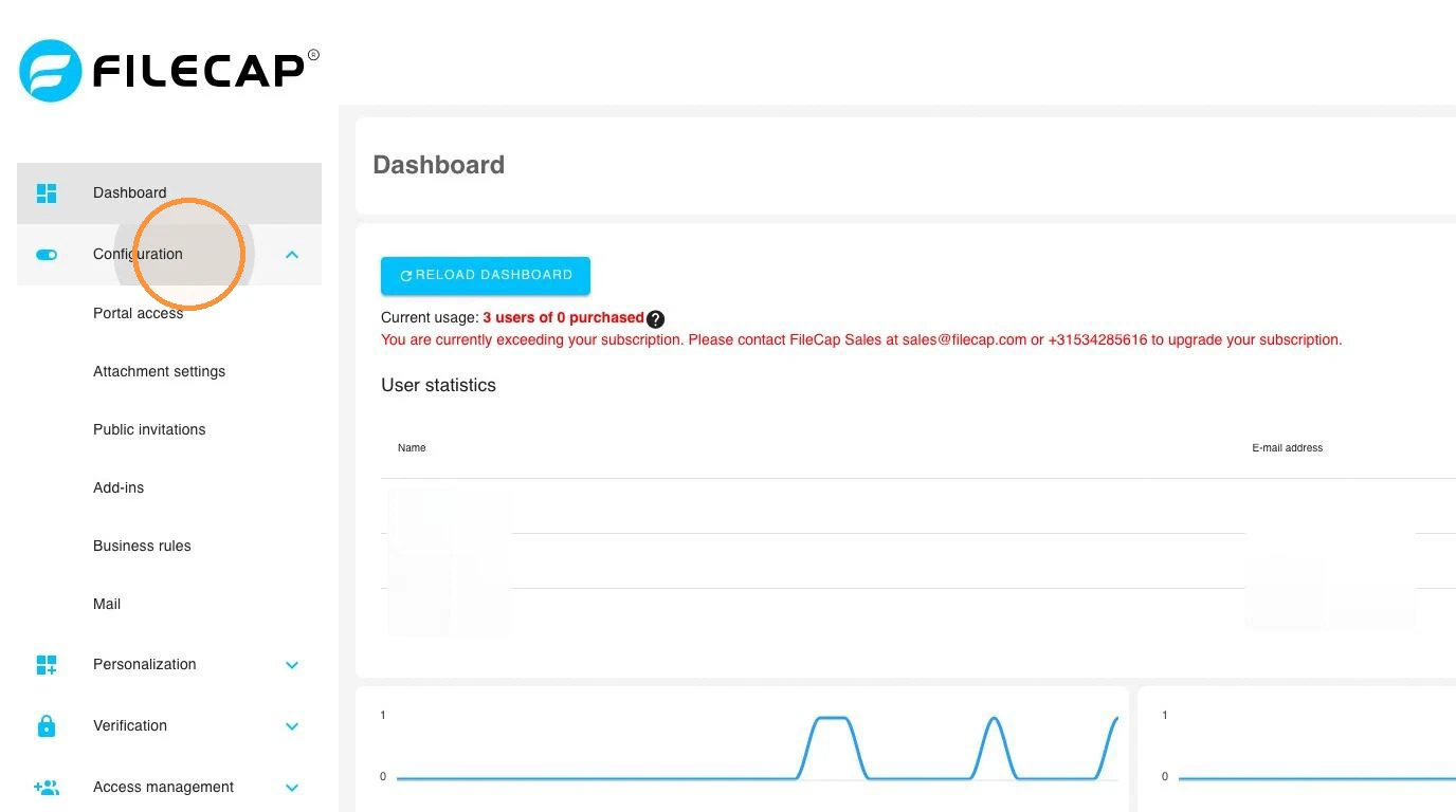 The FileCap administration portal dashboard, with Configuration highlighted in the left menu