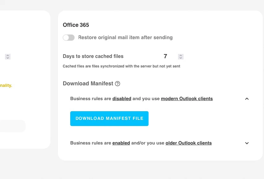 The Office 365 section of the Add-ins settings, with a Download manifest file button under the option for modern Outlook clients and a second, collapsed option for older clients