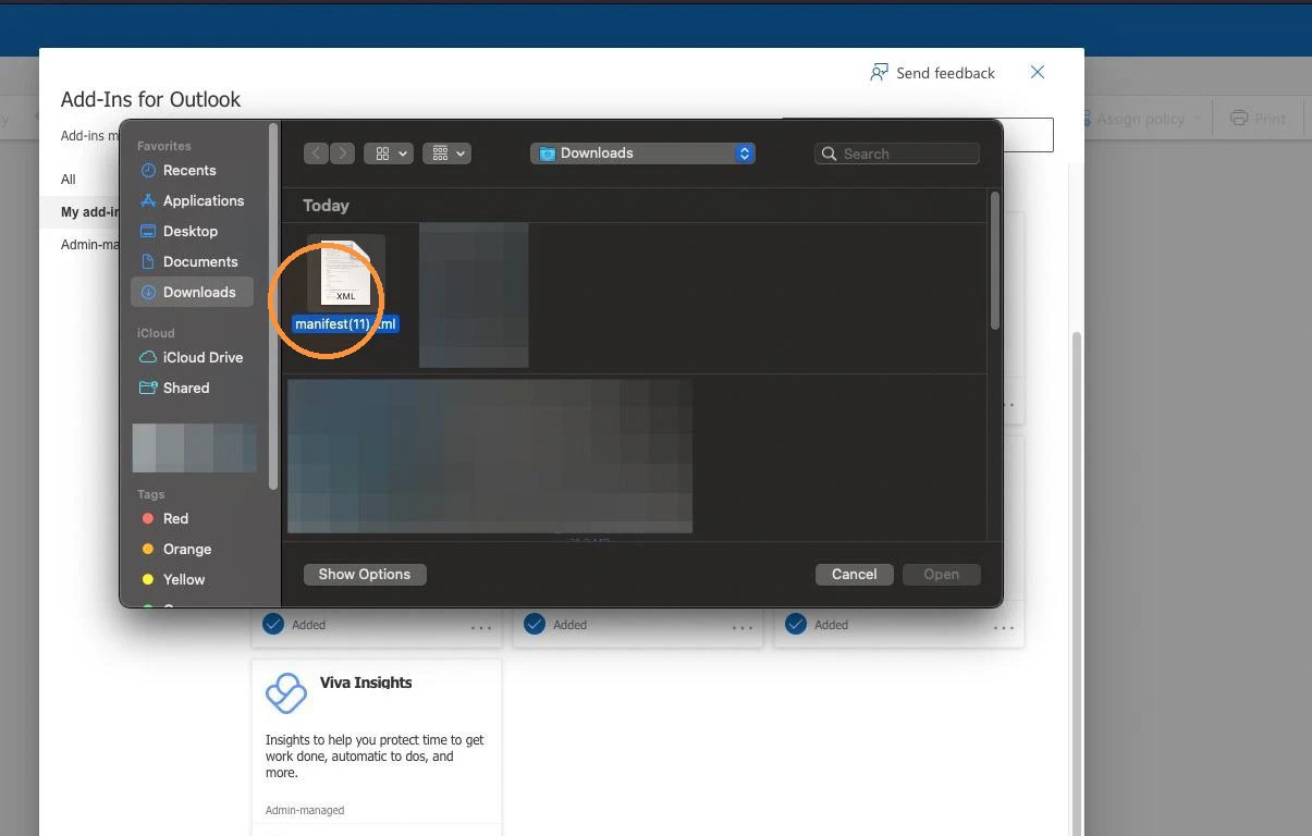 A file picker in the Downloads folder, with the manifest XML file selected