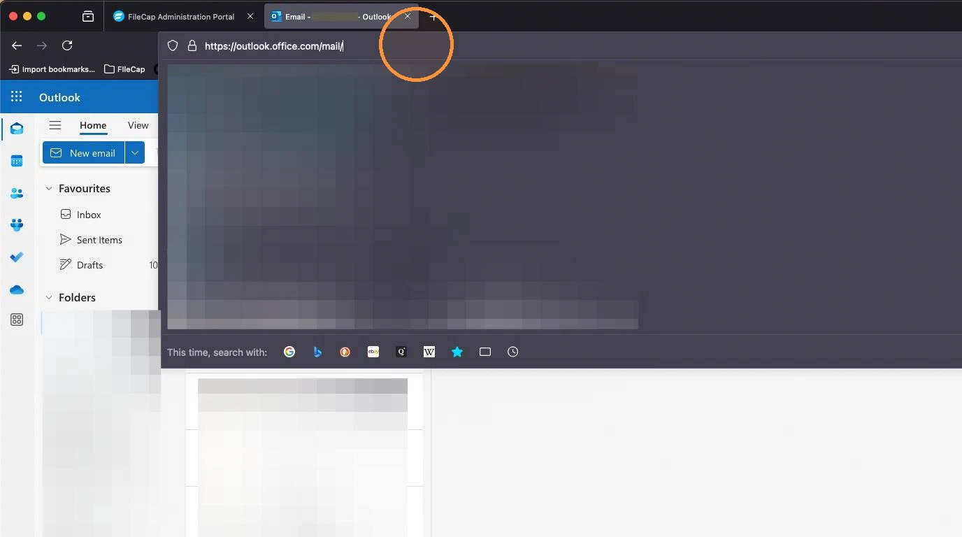 A browser showing Outlook on the web at outlook.office.com/mail, with the address bar highlighted