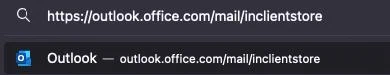 The address bar with https://outlook.office.com/mail/inclientstore typed in