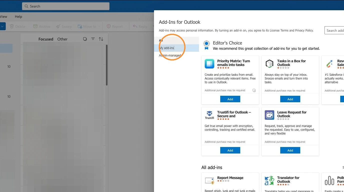 The Add-Ins for Outlook window, with My add-ins highlighted in the left column