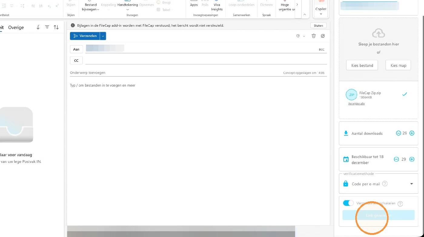 The FileCap pane with the Enable transfer link toggle switched on and the Generate link button highlighted