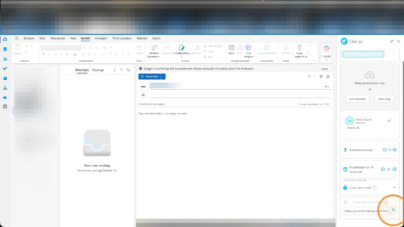 The generated link shown at the bottom of the FileCap pane, with the copy button highlighted