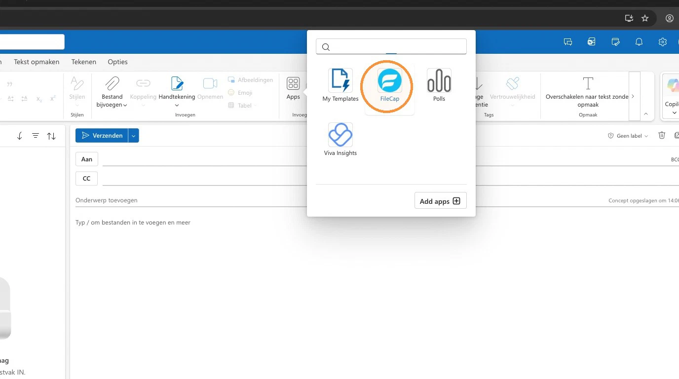 The Apps list open, with FileCap highlighted next to My Templates and Polls