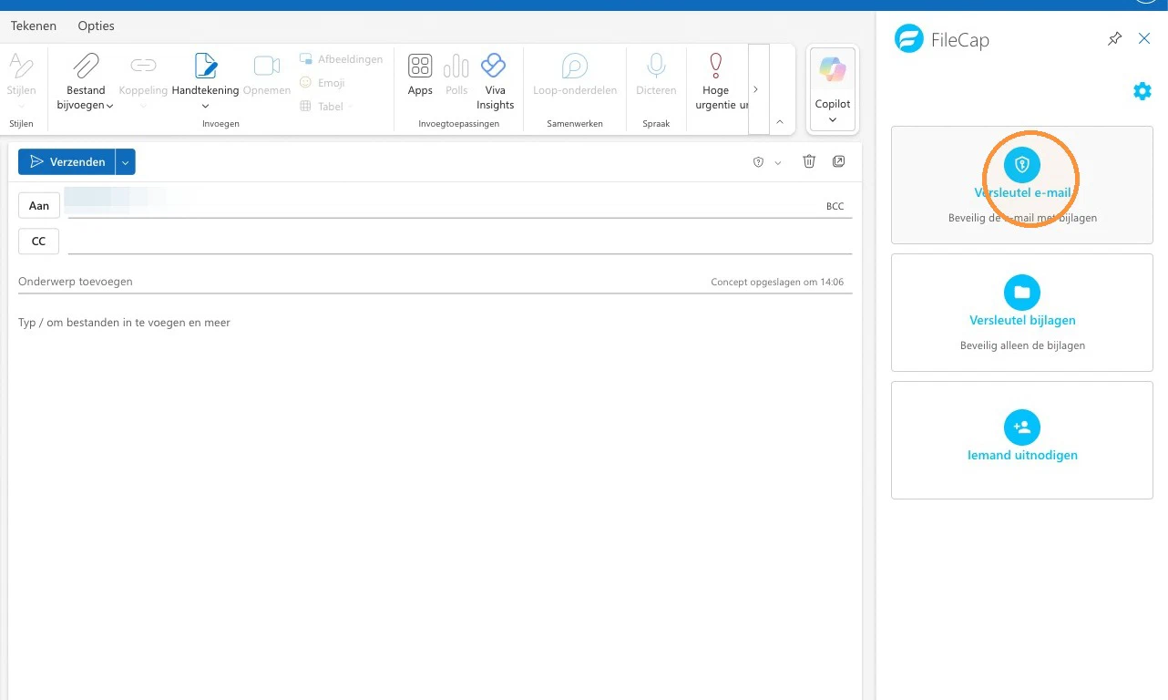 The FileCap pane with three options: Encrypt email, Encrypt attachments and Invite someone, with Encrypt email highlighted