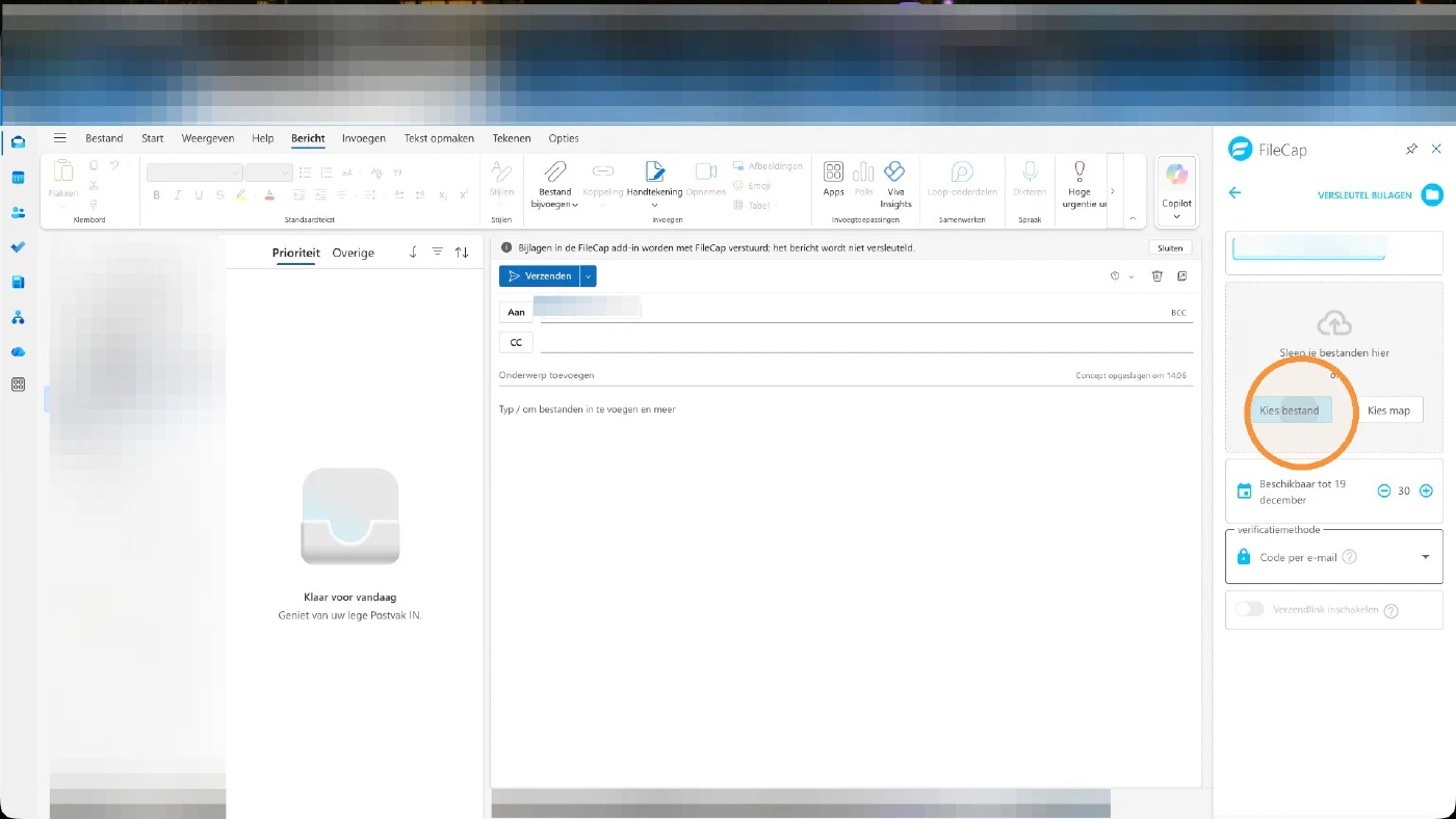 The FileCap pane on Encrypt attachments, with the Choose file button highlighted next to the drop area