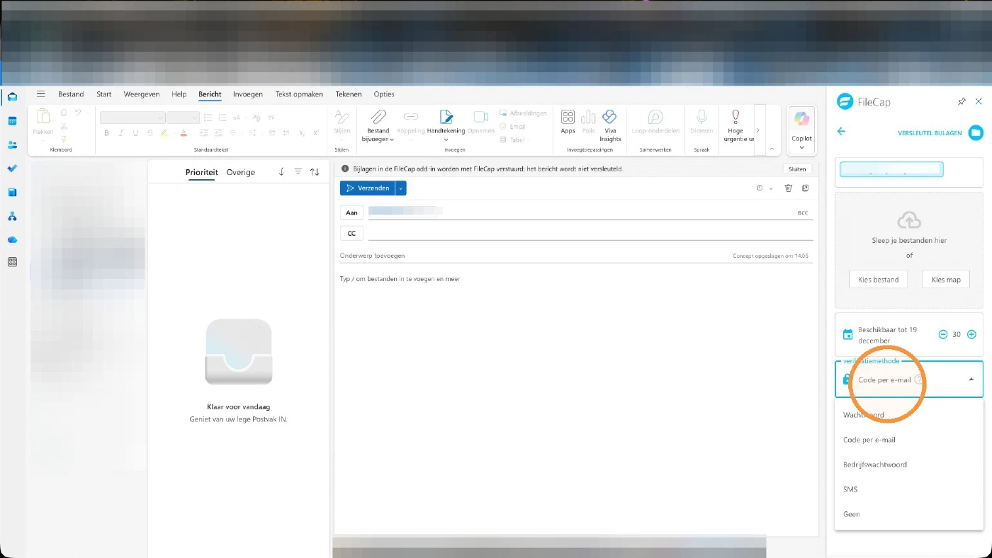 The verification method list open, showing Password, Code by email, Company password, SMS and None