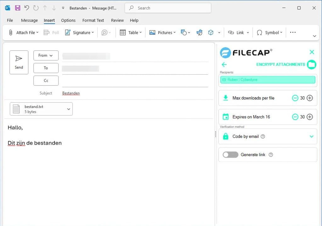 The FileCap pane with the Generate link toggle at the bottom, switched off