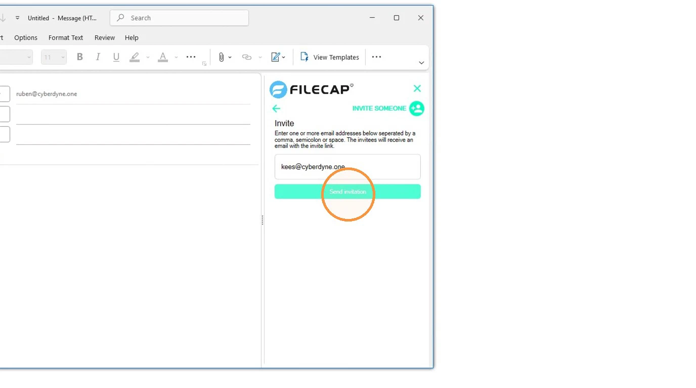 The Invite panel with an address filled in and the Send invitation button highlighted