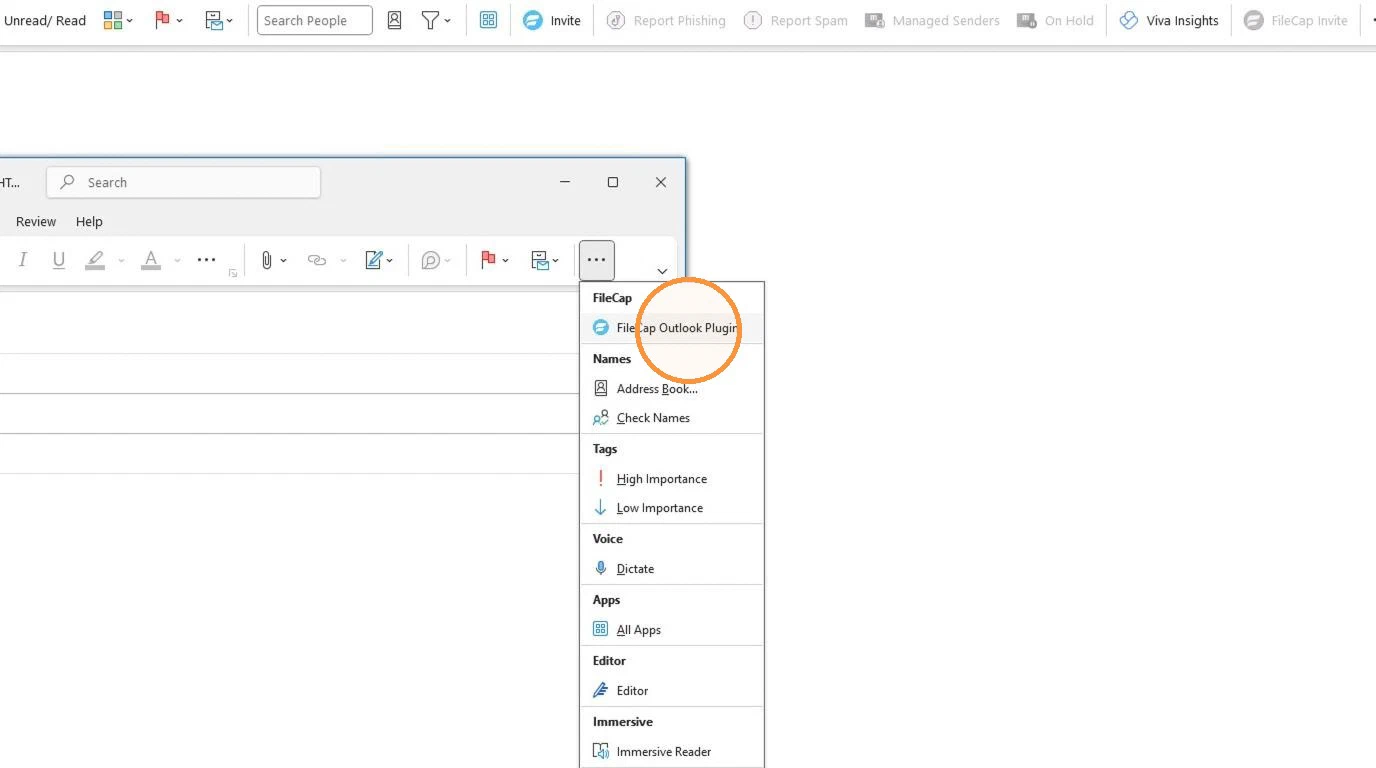 The Outlook message ribbon overflow menu, with FileCap Outlook Plugin highlighted under the FileCap heading
