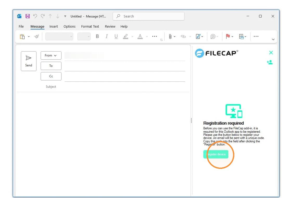 A new Outlook message with the FileCap pane open on Registration required, and the Register device button highlighted