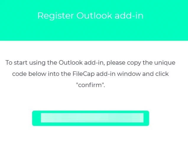 The registration email headed Register Outlook add-in, with the unique code below the instructions