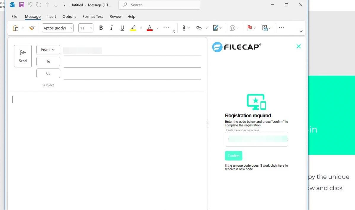 The FileCap pane with the code pasted into the field and the Confirm button below it