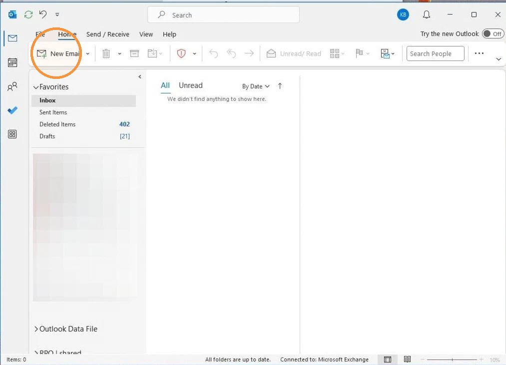 The Outlook inbox with the New Email button highlighted in the Home ribbon