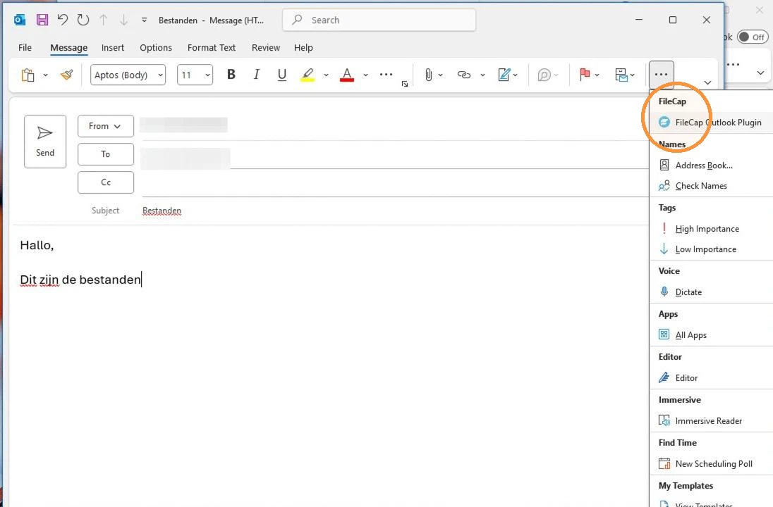 A composed message with the ribbon overflow menu open and FileCap Outlook Plugin highlighted
