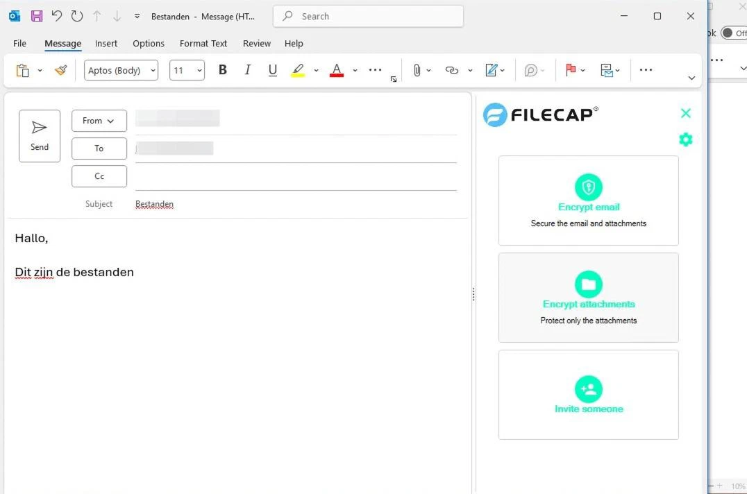 The FileCap pane showing three options: Encrypt email, Encrypt attachments and Invite someone