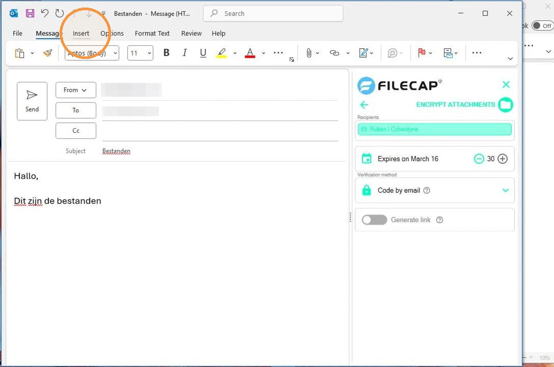 The message with the FileCap pane on Encrypt attachments, and the Insert tab highlighted in the ribbon
