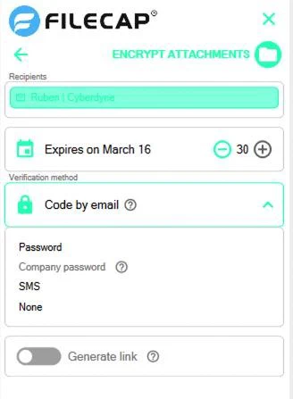 The Verification method list open in the FileCap pane, showing Password, Company password, SMS and None