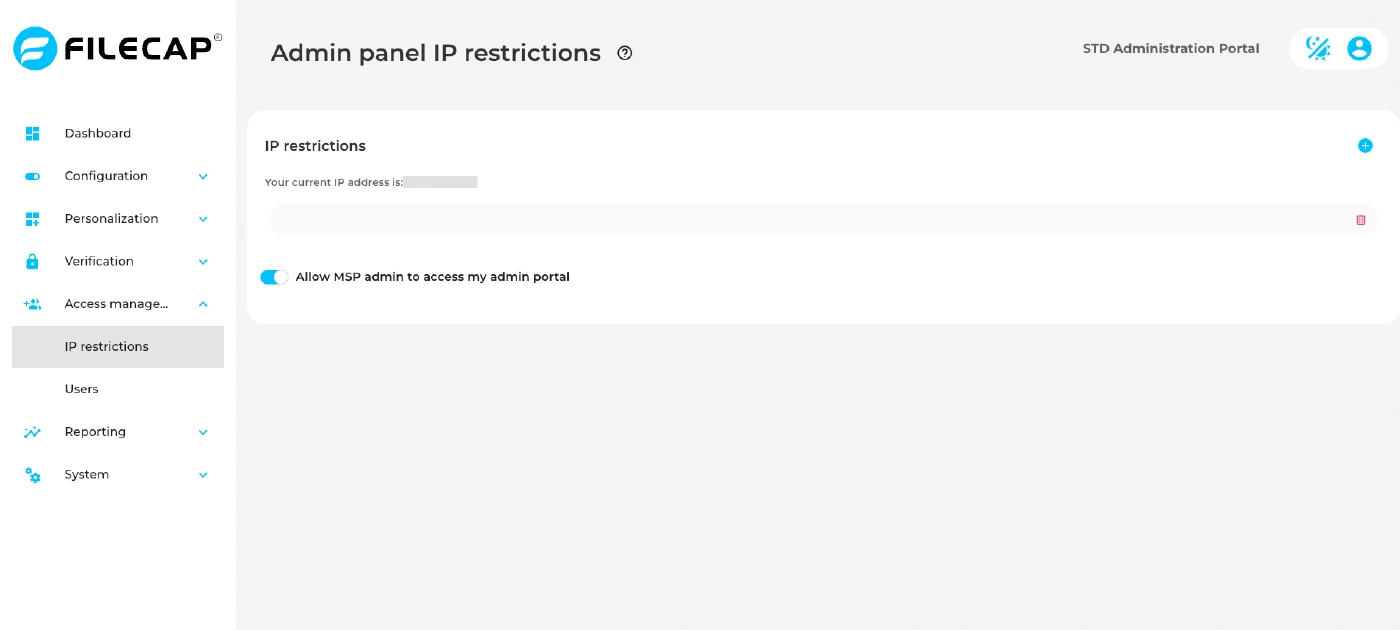 The Admin panel IP restrictions page, showing your current IP address, the list of allowed addresses and a toggle to let the MSP administrator reach the portal