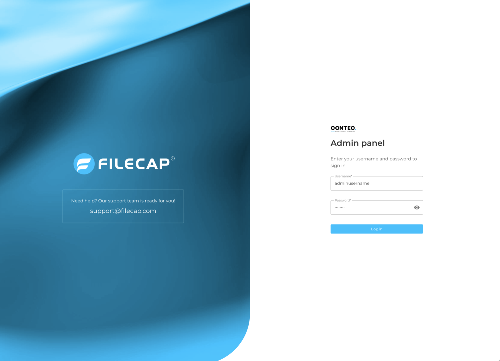The FileCap admin panel login page