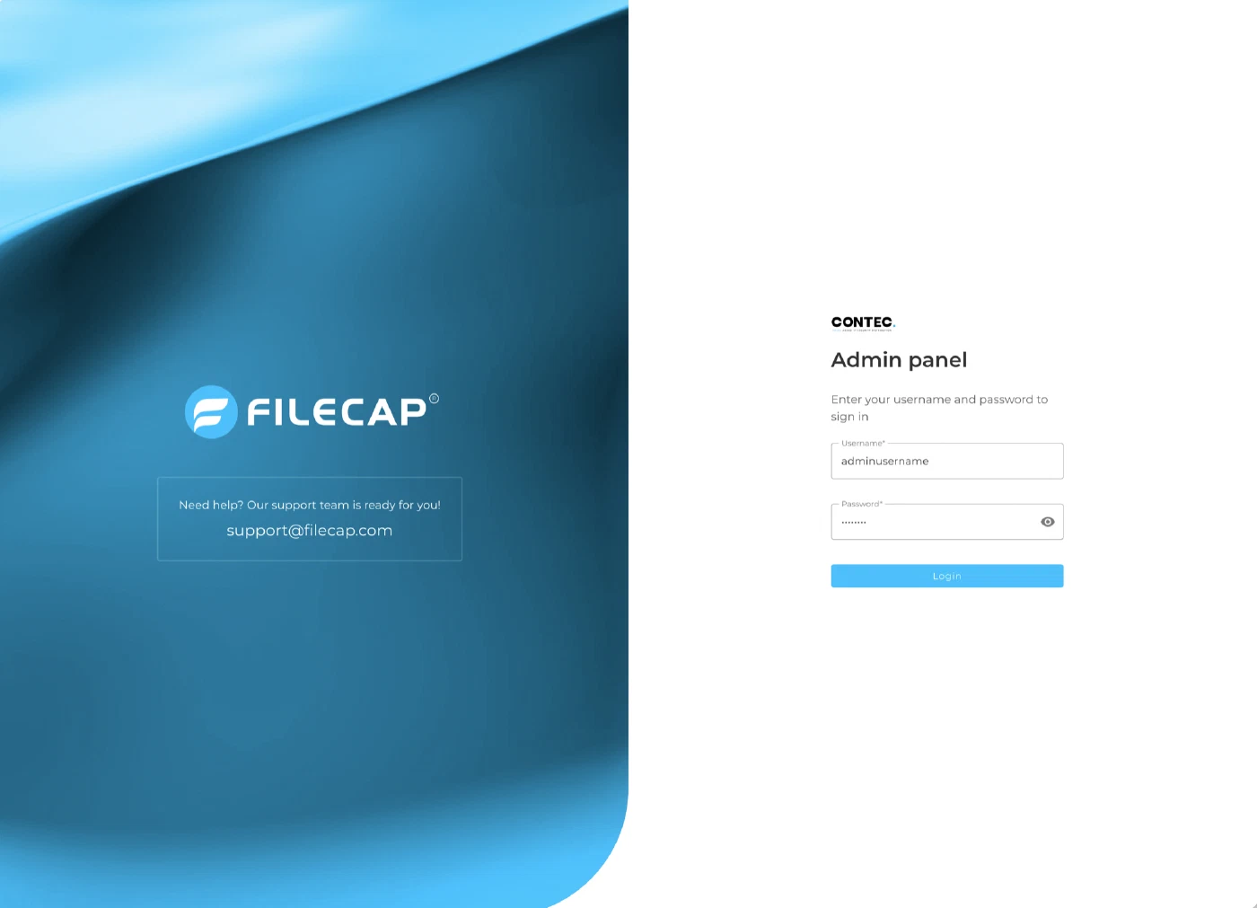 The FileCap admin panel login page