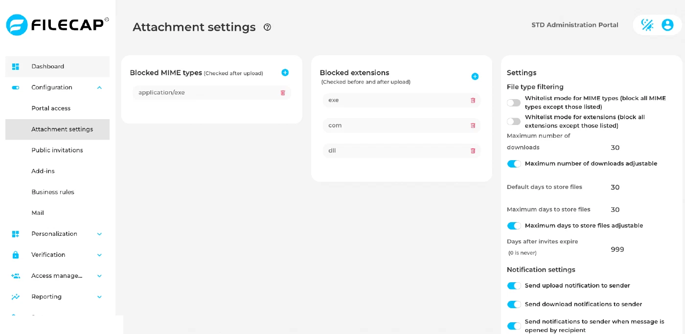 The Attachment settings, with lists of blocked MIME types and blocked extensions, and settings for file type filtering, download limits, storage days and notifications