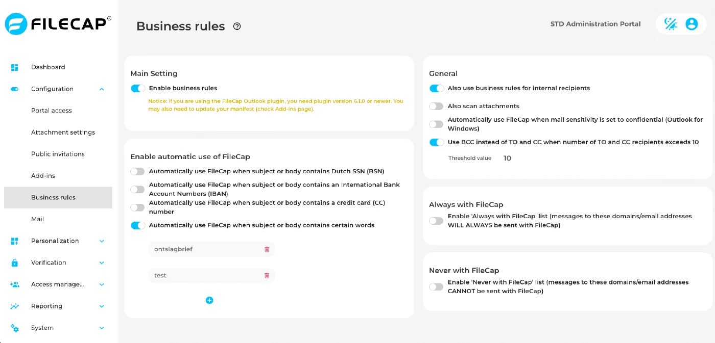 The Business rules settings, with a main switch, rules that trigger FileCap automatically on BSN, IBAN, credit card numbers or keywords, and the Always and Never with FileCap lists