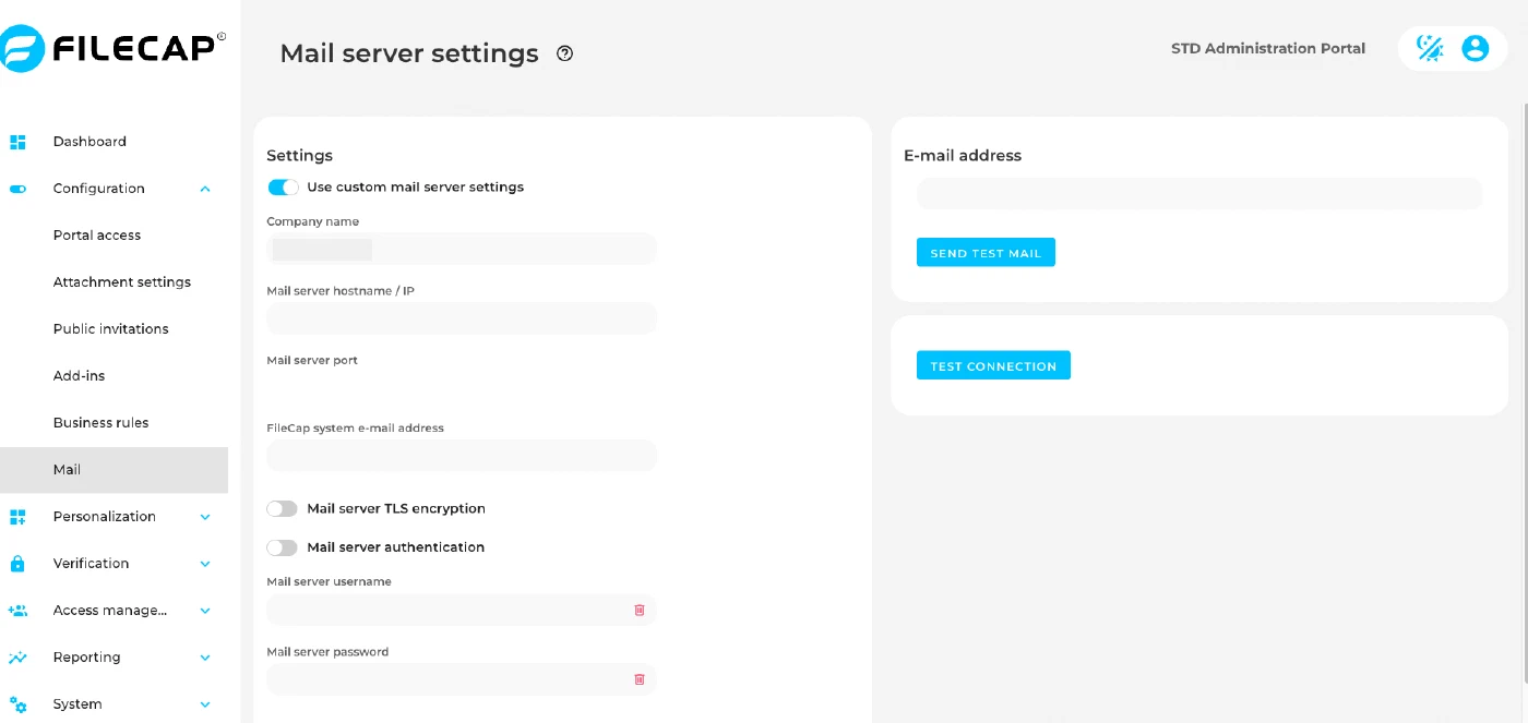 The Mail server settings, with fields for the hostname, port, system email address, TLS and authentication, and buttons to send a test mail and test the connection