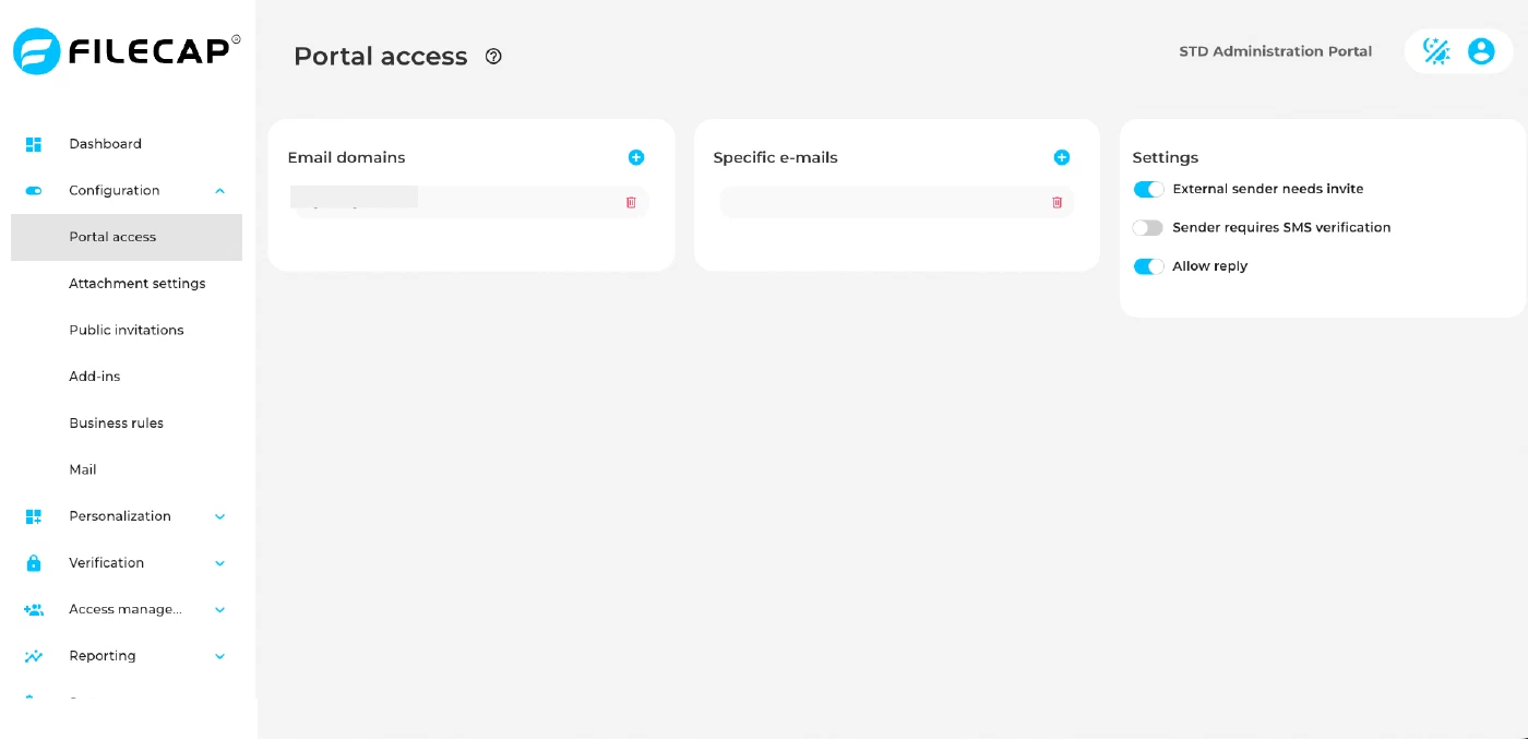 The Portal access settings, with lists of allowed email domains and specific email addresses, and toggles for external sender needs invite, sender requires SMS verification and allow reply