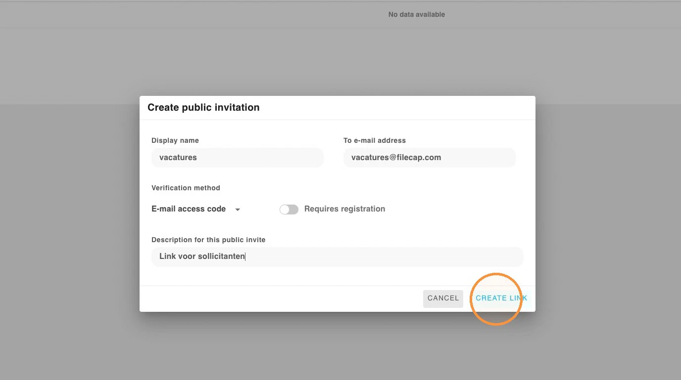 The completed Create public invitation dialog, with the Create link button highlighted