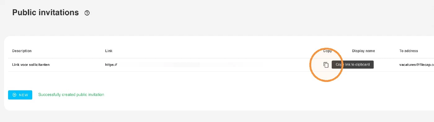 The Public invitations list showing the new link, with the Copy link to clipboard button highlighted