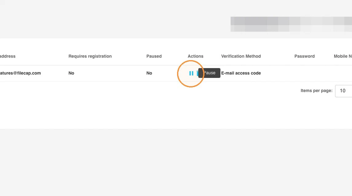 The Actions column of a public invitation, with the Pause button highlighted