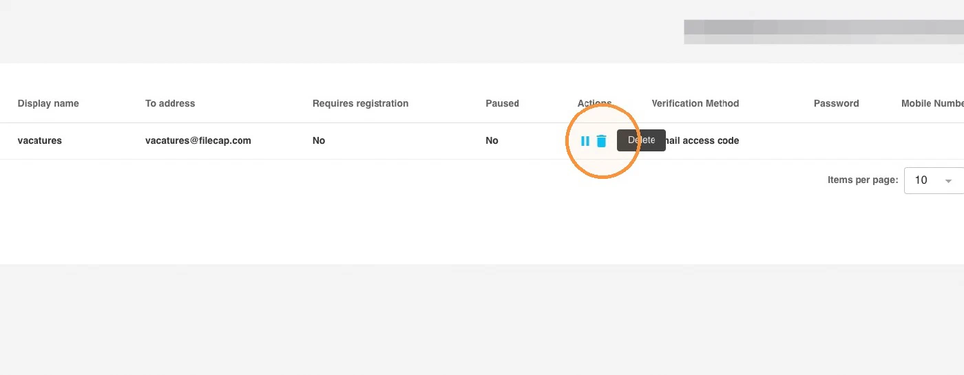 The Actions column with the Delete button highlighted