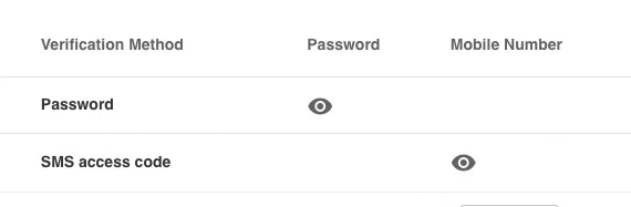 The Password and Mobile Number columns, each with an eye icon to reveal the value