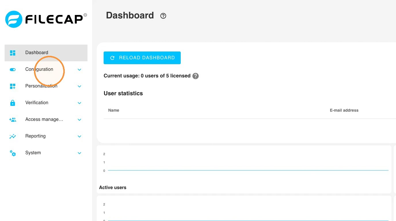 The FileCap administration portal with Configuration highlighted in the left menu