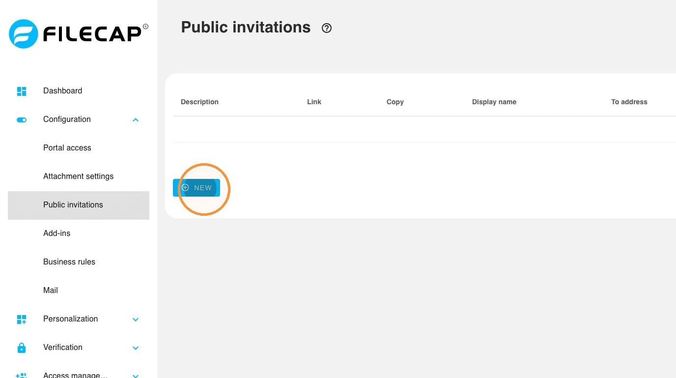 The empty Public invitations list, with the New button highlighted