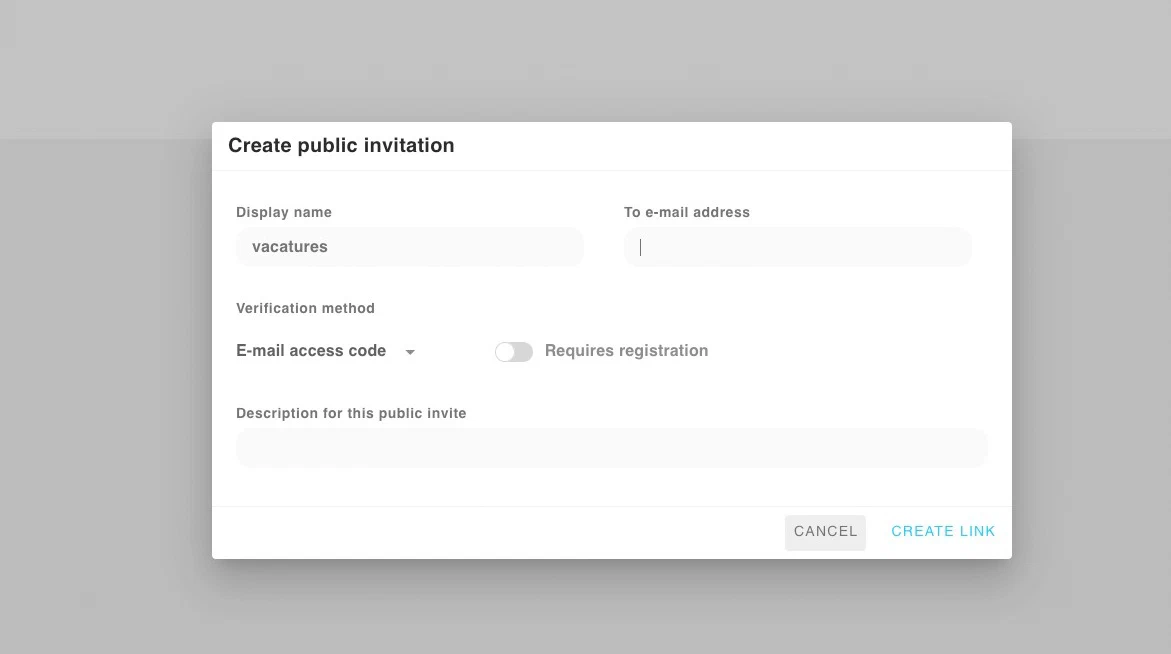 The Create public invitation dialog, with vacatures entered as the display name