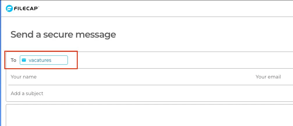 The portal’s Send a secure message form, with the display name vacatures shown in the To field