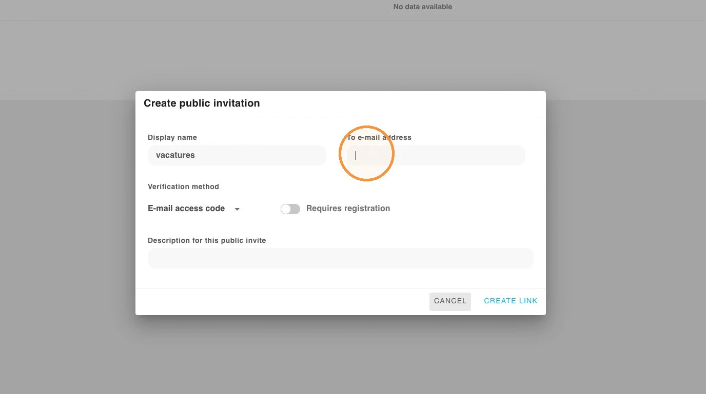 The Create public invitation dialog, with the To e-mail address field highlighted